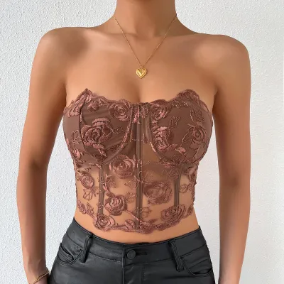 Women Fashion Sexy Summer Solid Color Flower Embroidered Steel Ring Fishbone Corset Ttube Top