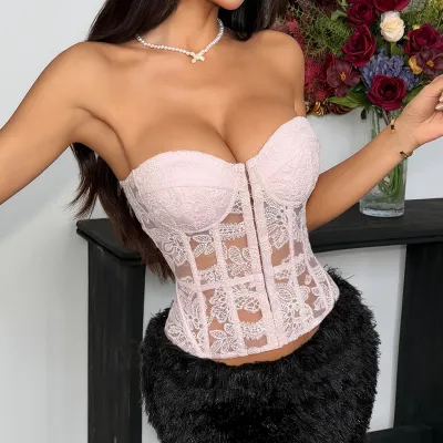 Women Fashion Sexy Summer Solid Color Lace Embroidered Fishbone Corset Tube Top