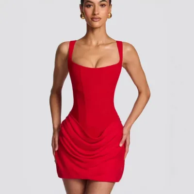 Women Fashion Sexy Summer Square Neck Sleeveless Tight Waist Dress