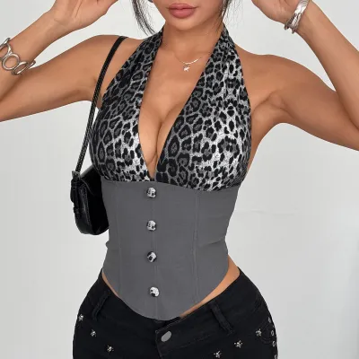 Women Fashion Sexy Summer Leopard Stitching Halter-Neck Buttons Fishbone Corset Slim-Fit Tank Top