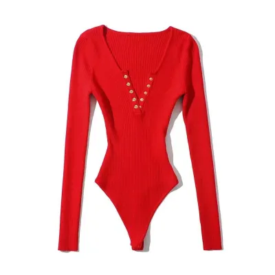 Women Fashion Sexy Solid Color V-Neck Long-Sleeve Buckle Slim-Fit Bodysuits