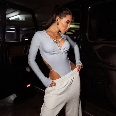 Women Fashion Sexy Solid Color Hollow Long Sleeve With Hat Bodysuits