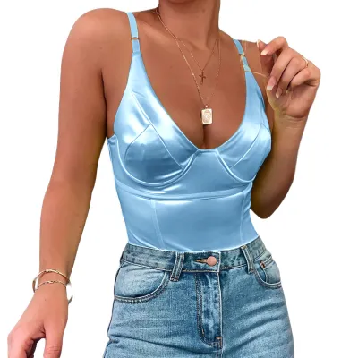 Women Fashion Sexy Solid Color Spaghetti Strap Backless Bodysuits