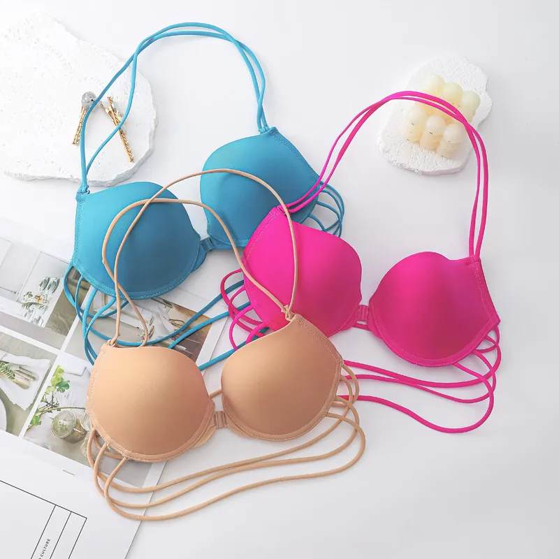Women Fashion Solid Color Halter-Neck Backless Traceless Front Buckle Thicken Bra