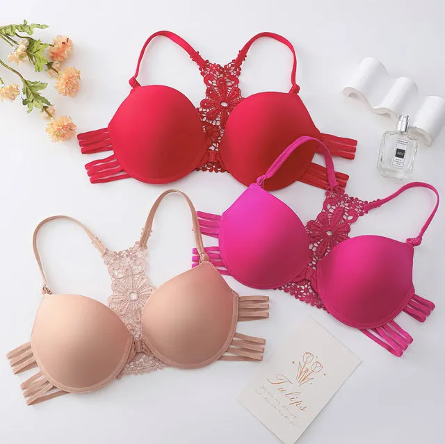Women Fashion Solid Color Lace Stitching Front Buckle Traceless Bra