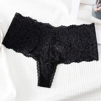 Women Fashion Sexy Solid Color Lace Hollow Perspective Thong