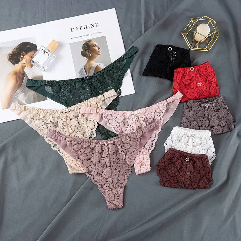 Women Fashion Sexy Solid Color Lace Low Waist Thong