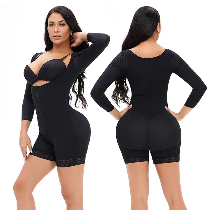 Women Fashion Simple Solid Color Long Sleeve Adjusting Sling Breasted Zipper Bodysuit Shapewear