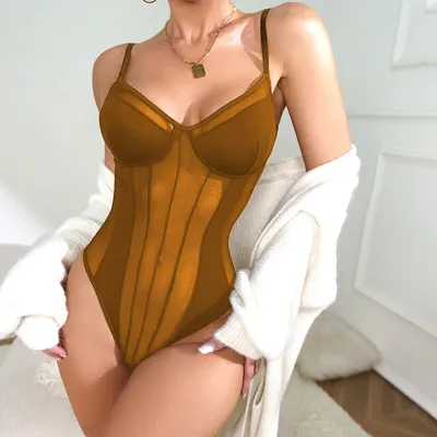 Women Fashion Sexy Solid Color Mesh See-Through Stitching Backless Bodysuit Shapewear