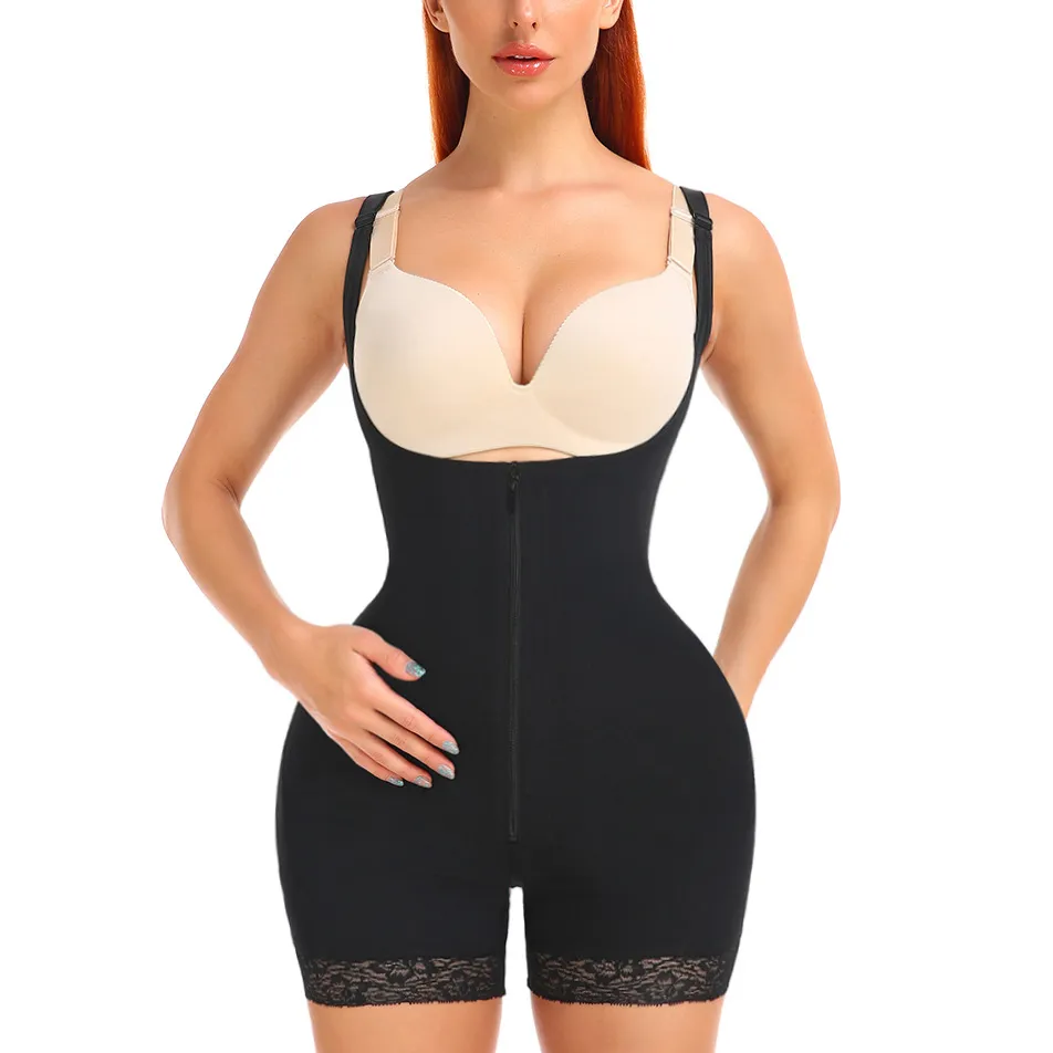 Women Fashion Solid Color Front Middle Zipper Inner-Buckle Bodysuit Shapewear
