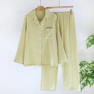 Women Fashion Casual Solid Color Lapel Long-Sleeve Cardigan Loose Pants Pajamas Two-Piece Set