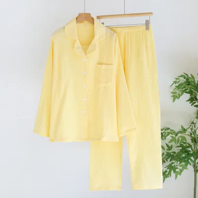 Women Fashion Casual Solid Color Lapel Long-Sleeve Cardigan Loose Pants Pajamas Two-Piece Set