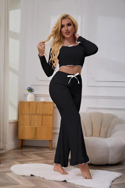Women Fashion Casual Solid Color Ruffled Long-Sleeve Crop Top Slim Fit Pants Pajamas Two-Piece Set