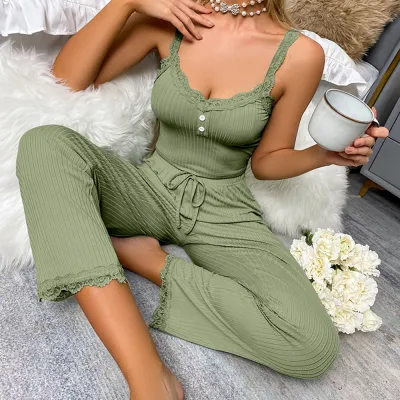 Women Fashion Casual Solid Color Lace Stitching Camisole Loose Pants Pajamas Two-Piece Set
