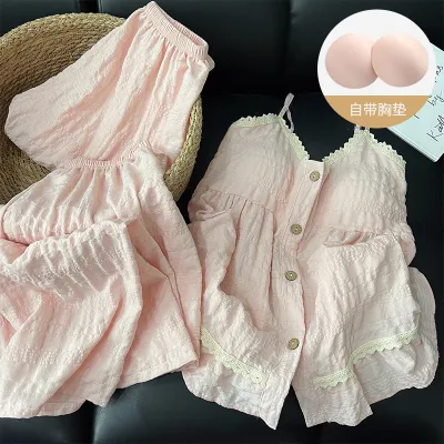 Women Fashion Casual Summer Flower Printed Camisole Loose Shorts Pants Pajamas Three-Piece Set