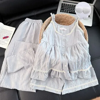 Women Fashion Casual Summer Flower Printed Camisole Loose Shorts Pants Pajamas Three-Piece Set