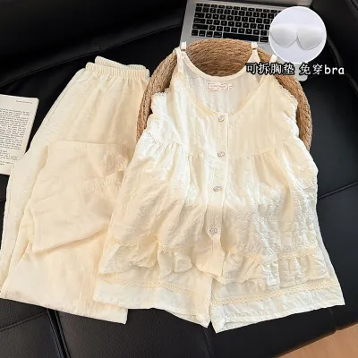 Women Fashion Casual Summer Flower Printed Camisole Loose Shorts Pants Pajamas Three-Piece Set