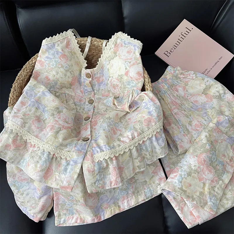 Women Fashion Casual Summer Flower Printed Camisole Loose Shorts Pants Pajamas Three-Piece Set