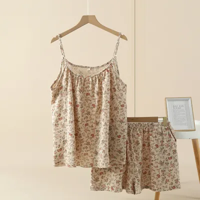 Women Fashion Sexy Summer Cotton Yarn Printing Camisole Loose Shorts Pajamas Two-Piece Set
