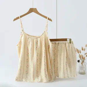 Women Fashion Sexy Summer Cotton Yarn Printing Camisole Loose Shorts Pajamas Two-Piece Set