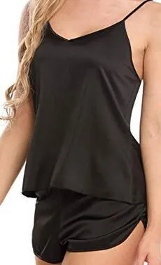 Women Fashion Sexy Solid Color Silk V-Neck Camisole Loose Shorts Pajamas Two-Piece Set