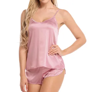 Women Fashion Sexy Solid Color Silk V-Neck Camisole Loose Shorts Pajamas Two-Piece Set