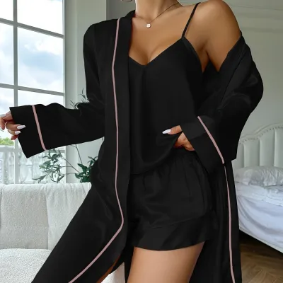 Women Fashion Solid Color Camisole Loose Shorts Long-Sleeve Robe Pajamas Three-Piece Set