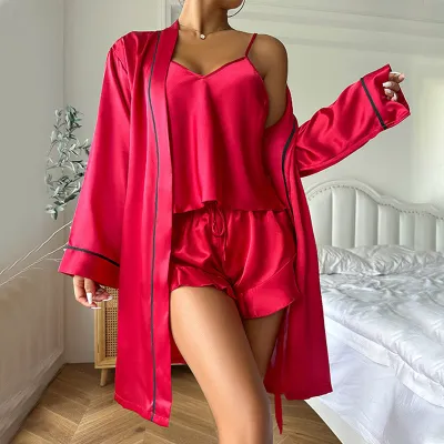 Women Fashion Solid Color Camisole Loose Shorts Long-Sleeve Robe Pajamas Three-Piece Set