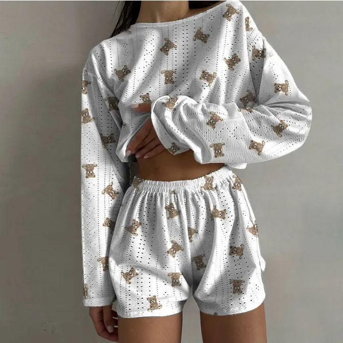 Women Fashion Casual Love Bear Printed Breathable Long-Sleeve T-Shirt Loose Shorts Pajamas Two-Piece Set