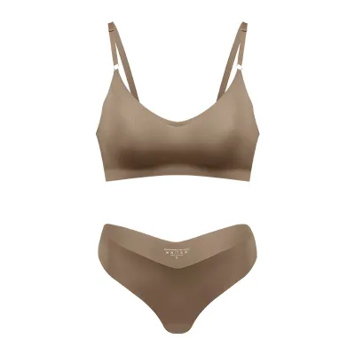 Women Fashion Sexy Basic Solid Color V-Neck Rims-Free Seamless Bra Underwear Set