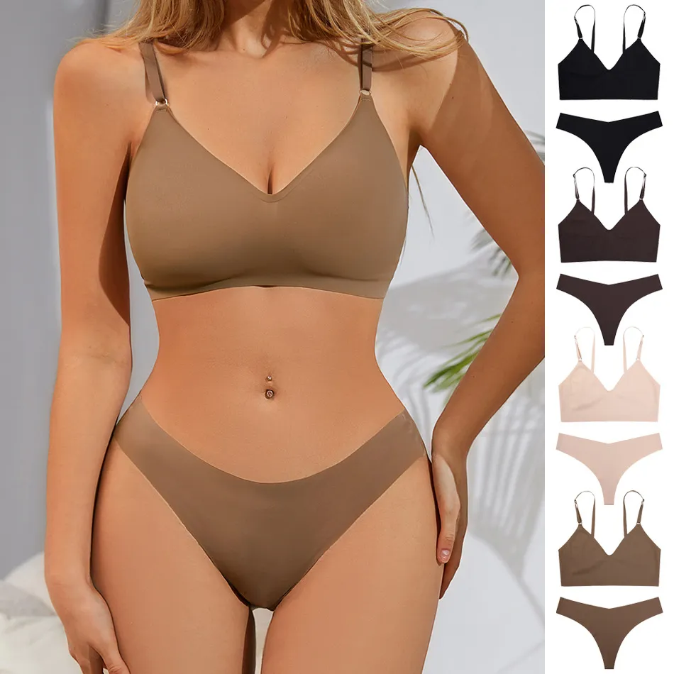 Women Fashion Sexy Basic Solid Color V-Neck Rims-Free Seamless Bra Underwear Set