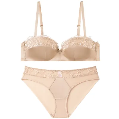 Women Fashion Sexy Basic Lace Stitching Thin Push-Up Bra Underwear Set