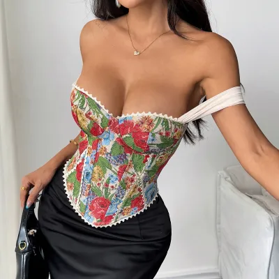 Women Fashion Retro Summer Jacquard Fishbone Corset Tank Top