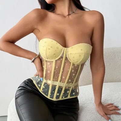 Women Fashion Sexy Spring And Summer Wave Dot Printed Mesh Perspective Fishbone Corset Tube Top