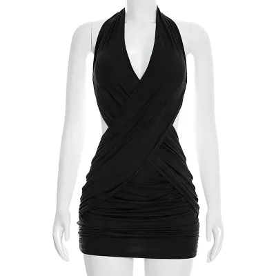 Summer Women Sexy Solid Color Cross Tie Neck Sleeveless Mini Dress