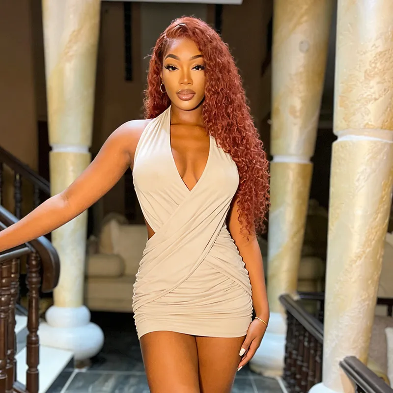 Summer Women Sexy Solid Color Cross Tie Neck Sleeveless Mini Dress