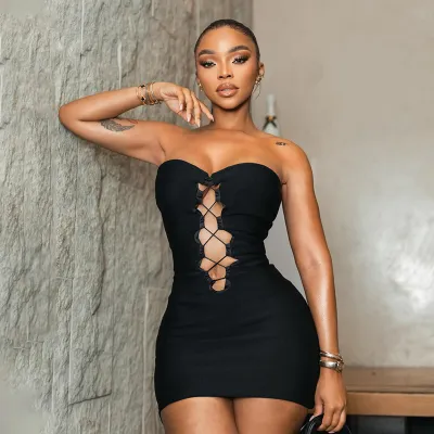 Summer Women Sexy Solid Color Strapless Lace-Up Mini Dress