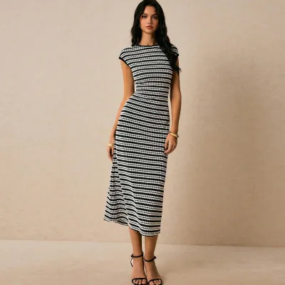Summer Women Fashion Stripe Round Neck Short Sleeve Midi Dress