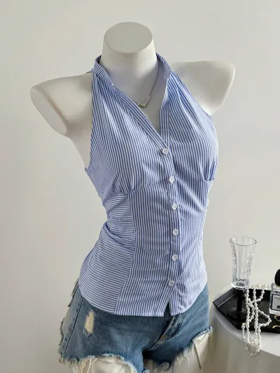 Summer Women Fashion Stripe Laps Sleeveless Single-Breasted Shirt