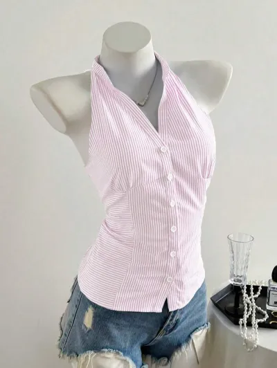 Summer Women Fashion Stripe Laps Sleeveless Single-Breasted Shirt
