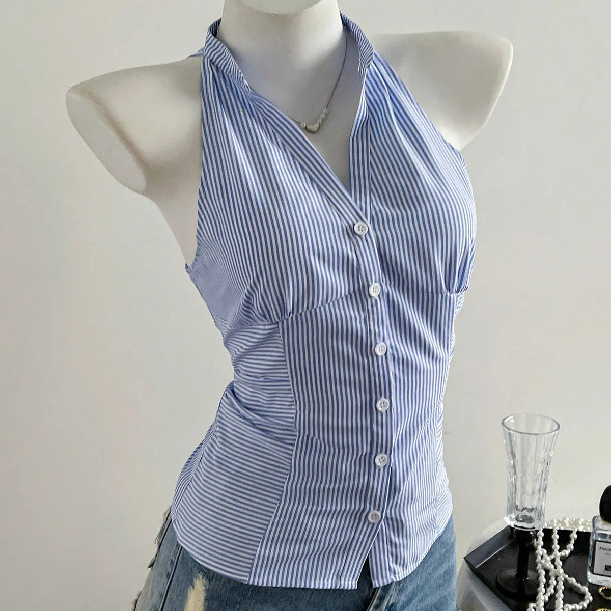 Summer Women Fashion Stripe Laps Sleeveless Single-Breasted Shirt