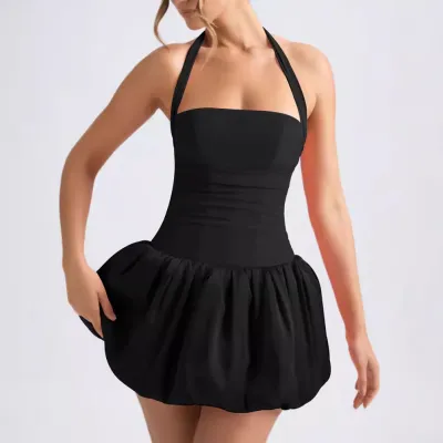 Summer Women Fashion Sexy Solid Color Halter Neck Lace-Up Mini Dress