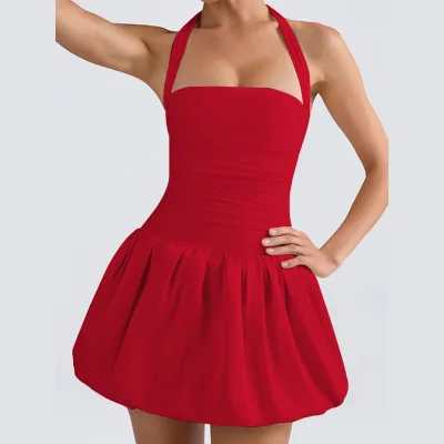 Summer Women Fashion Sexy Solid Color Halter Neck Lace-Up Mini Dress