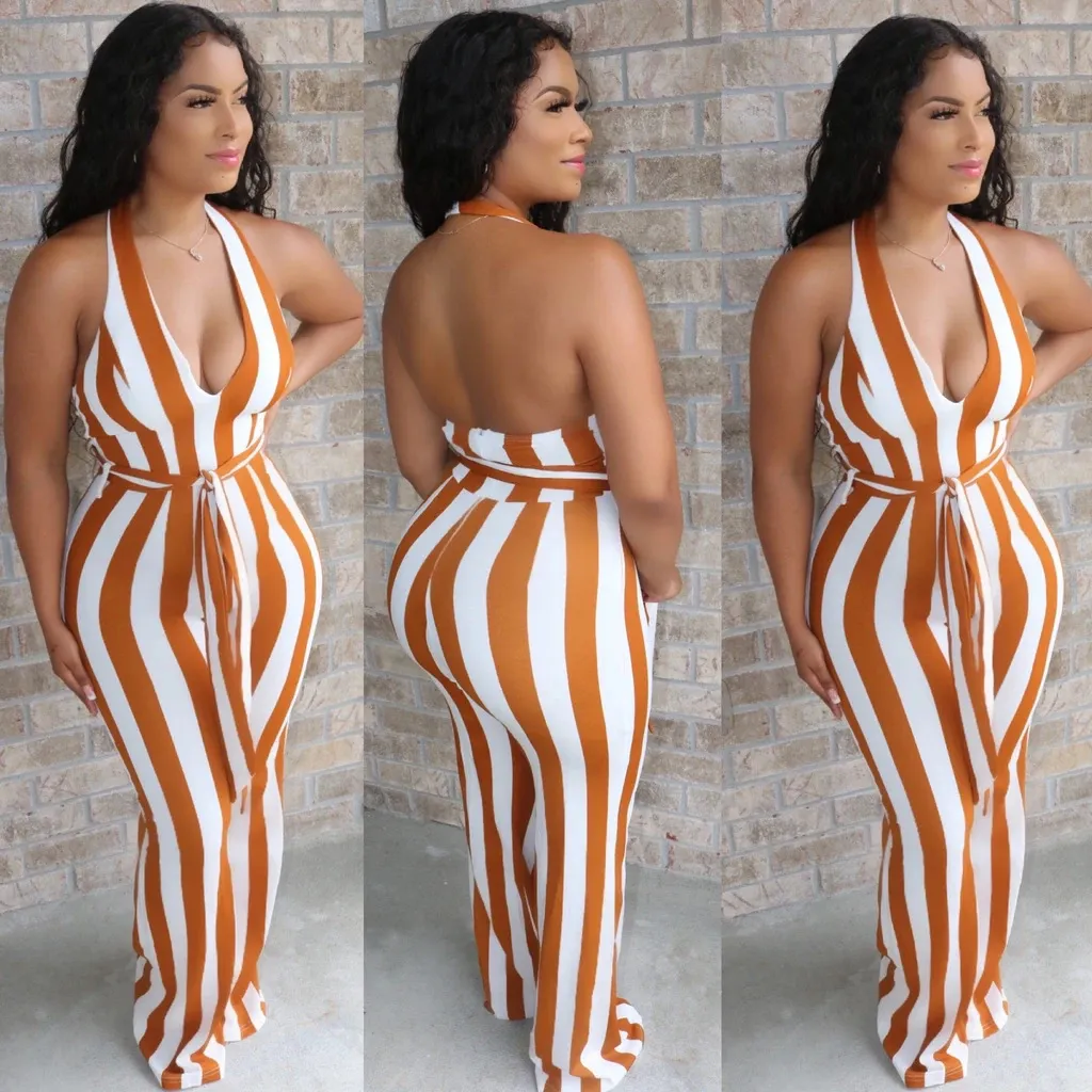 Women Fashion Sexy Summer Stripe Halter-Neck Backless Jumpsuits