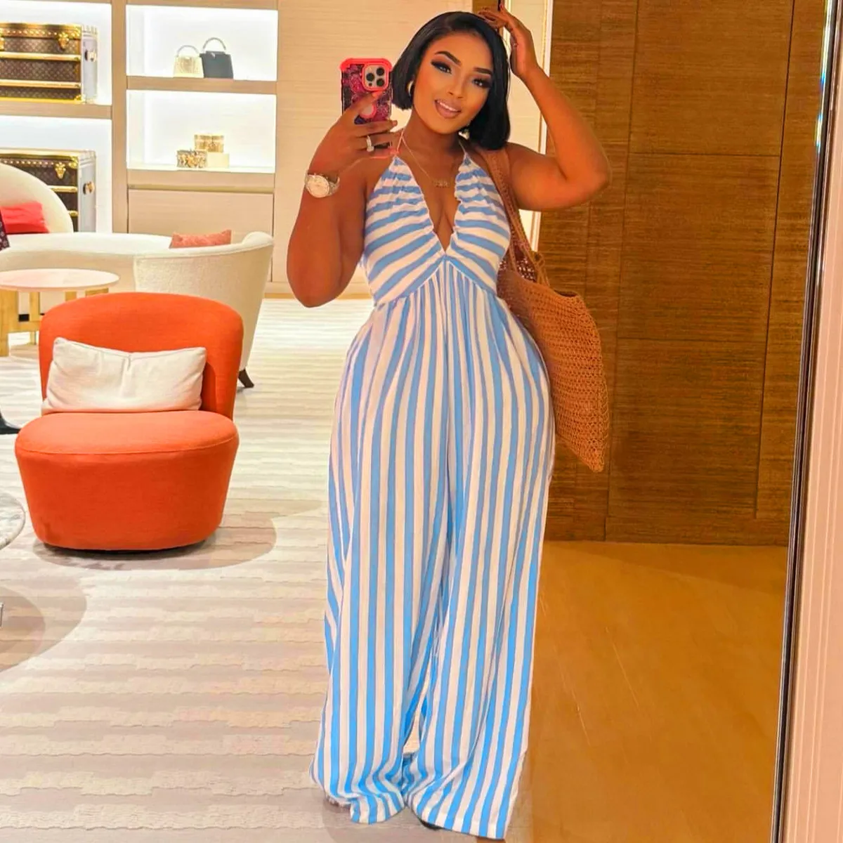Women Fashion Sexy Summer Stripe V-Neck Halter-Neck African Jumpsuit