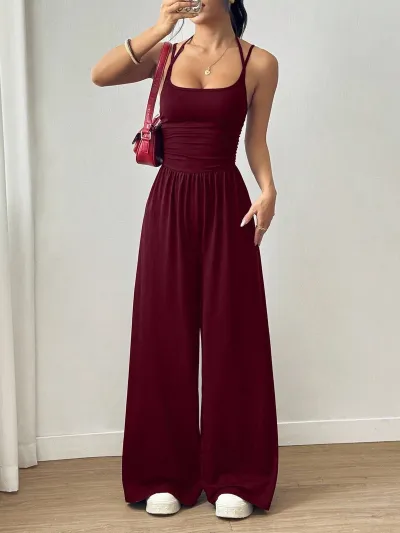 Women Fashion Sexy Summer Solid Color Spaghetti Strap Wide Leg Jumpsuits