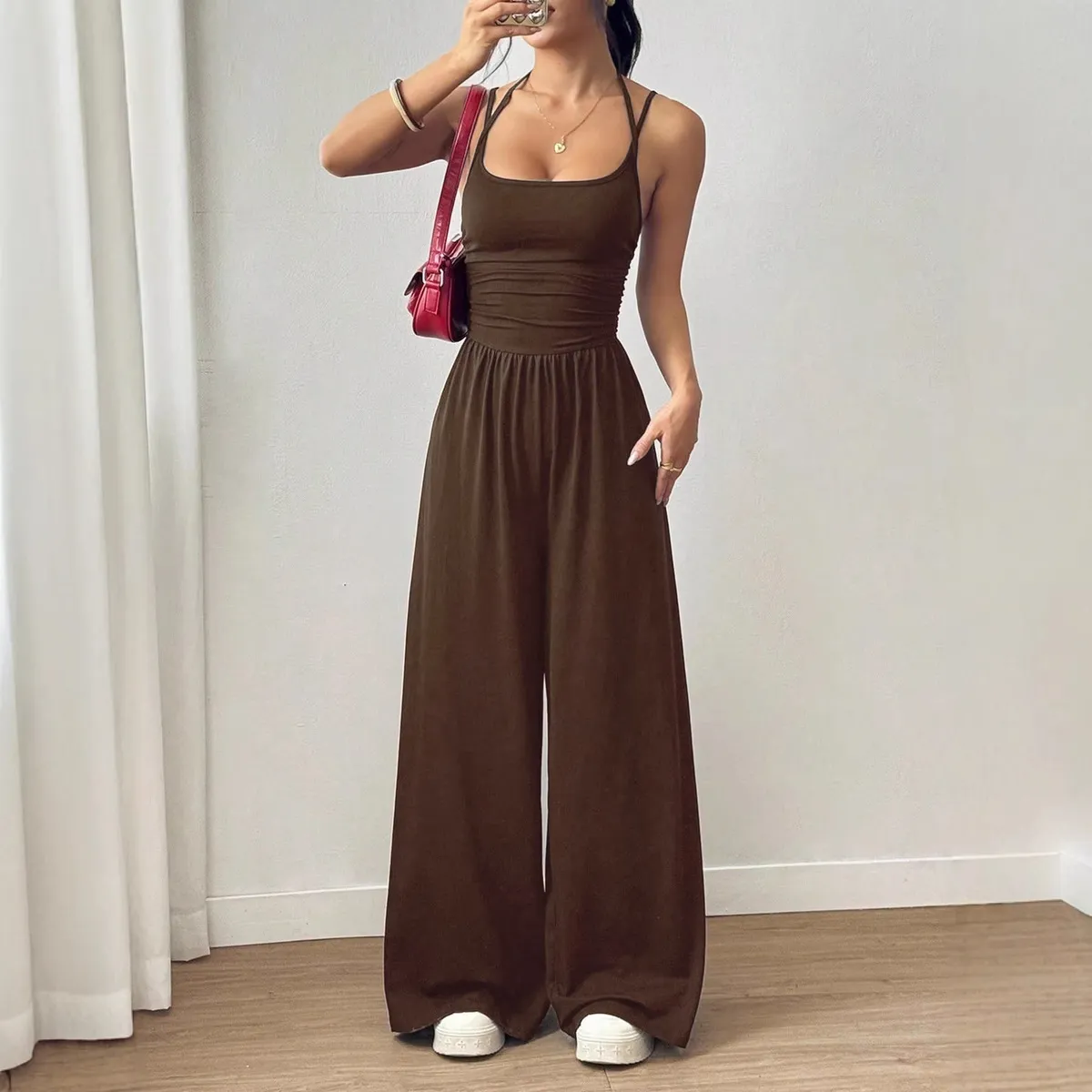 Women Fashion Sexy Summer Solid Color Spaghetti Strap Wide Leg Jumpsuits