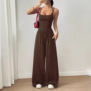 Women Fashion Sexy Summer Solid Color Spaghetti Strap Wide Leg Jumpsuits