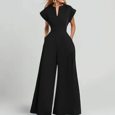 Women Fashion Casual Elegant Spring Solid Color V-Neck Short-Sleeve High Waist Wide Leg Jumpsuits