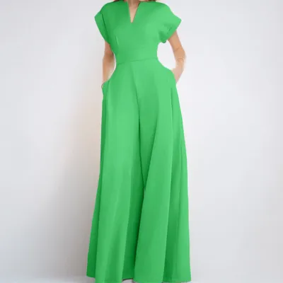 Women Fashion Casual Elegant Spring Solid Color V-Neck Short-Sleeve High Waist Wide Leg Jumpsuits